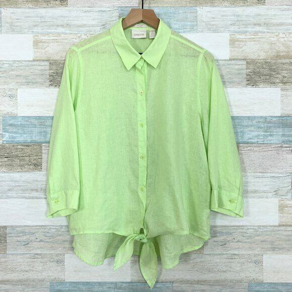 Chicos Linen Lydia Tie Front Shirt Green Lagenlook Non Iron Womens Large 2 - Picture 2 of 7